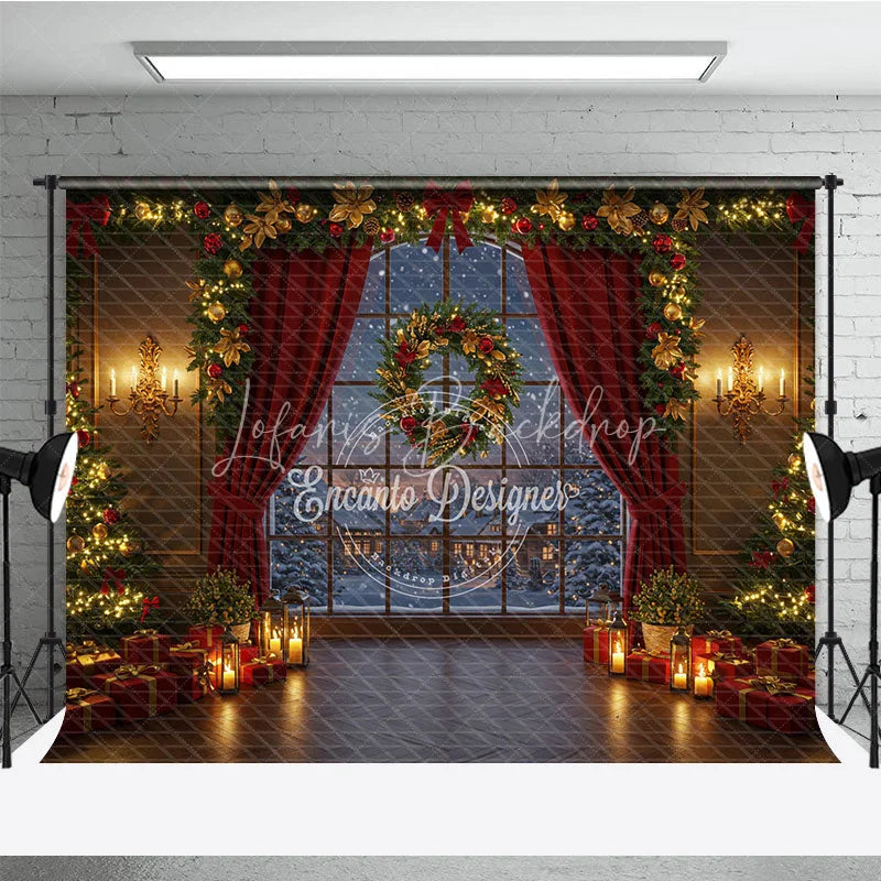Lofaris Cozy Christmas Window Photography Backdrop Snowy Village View with Red Curtains Holiday Mini Session Background