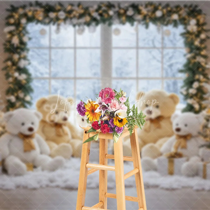 Lofaris Cozy Christmas Window Photography Backdrop Teddy Bear Family in the Snow Holiday Mini Session Background