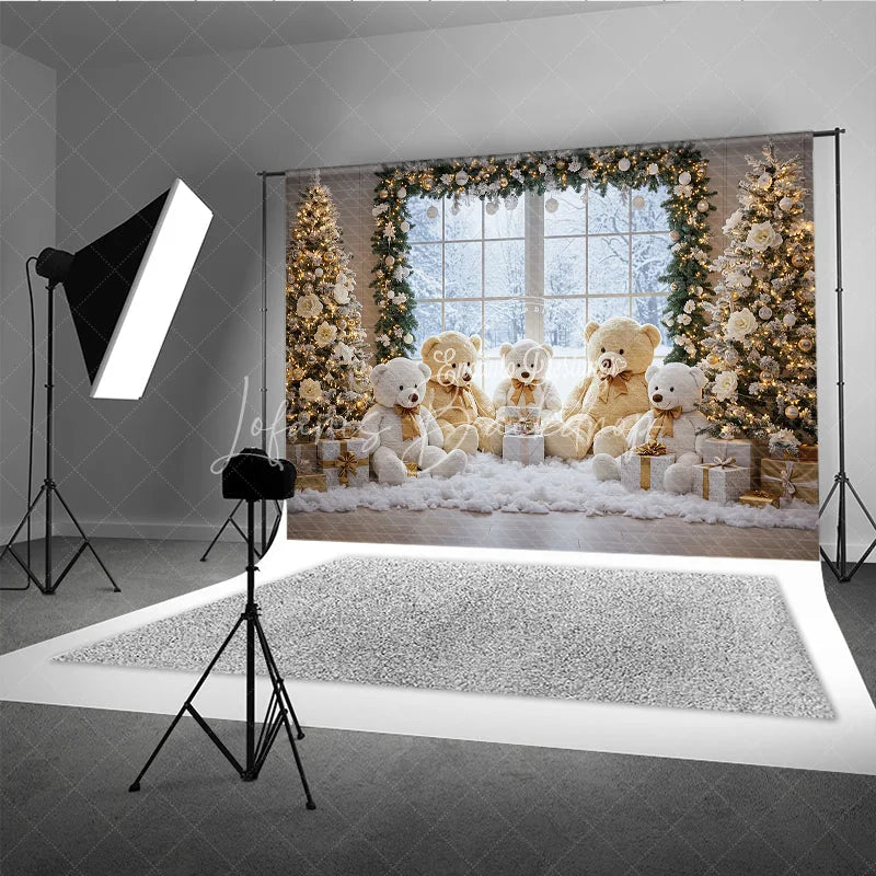 Lofaris Cozy Christmas Window Photography Backdrop Teddy Bear Family in the Snow Holiday Mini Session Background
