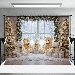 Lofaris Cozy Christmas Window Photography Backdrop Teddy Bear Family in the Snow Holiday Mini Session Background