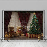 Lofaris Cozy Christmas Window Photography Backdrop Teddy Bears and Tree with Red Curtains Holiday Mini Sessions