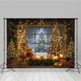 Lofaris Cozy Christmas Window Photography Backdrop Teddy Bears and Trees with a Snowy View Holiday Photo Background