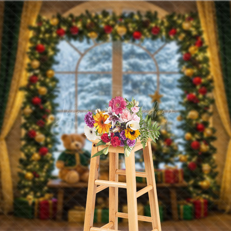 Lofaris Cozy Christmas Window Photography Backdrop Teddy Bears in Snowy Alcove Holiday Mini Session Background