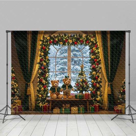 Lofaris Cozy Christmas Window Photography Backdrop Teddy Bears in Snowy Alcove Holiday Mini Session Background