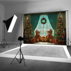 Lofaris Cozy Christmas Window Photography Backdrop Teddy Bears with Santa Hats Holiday Mini Session Background