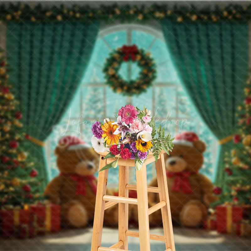Lofaris Cozy Christmas Window Photography Backdrop Teddy Bears with Santa Hats Holiday Mini Session Background