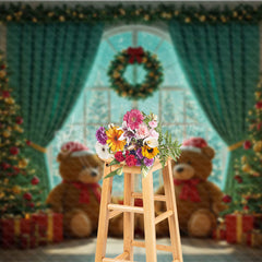Lofaris Cozy Christmas Window Photography Backdrop Teddy Bears with Santa Hats Holiday Mini Session Background