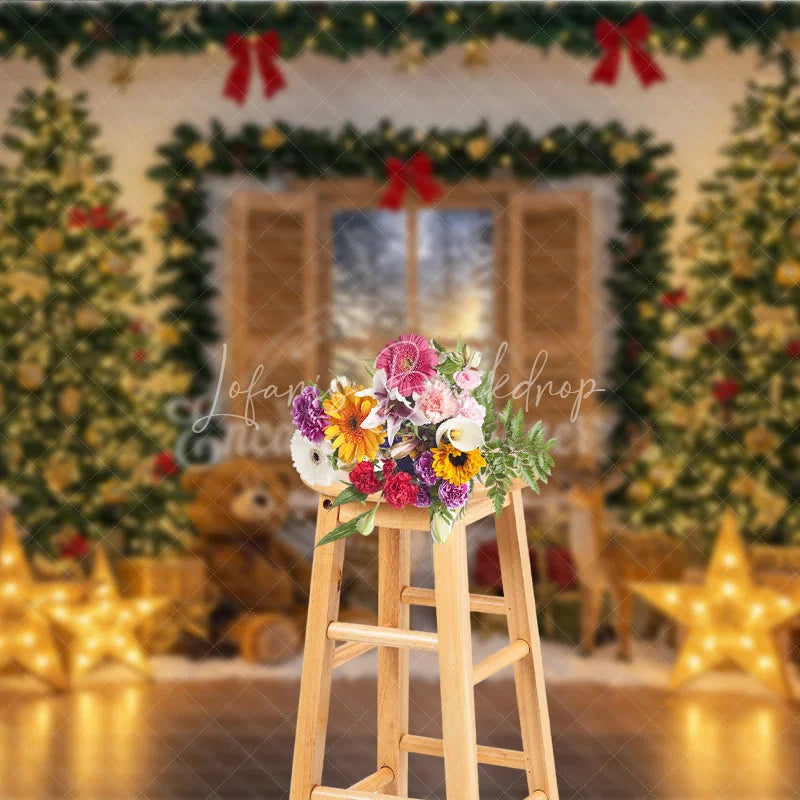 Lofaris Cozy Christmas Window Photography Backdrop with Reindeer and Teddy Bear Lighted Stars Holiday Photo Background