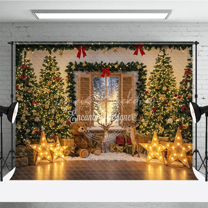 Lofaris Cozy Christmas Window Photography Backdrop with Reindeer and Teddy Bear Lighted Stars Holiday Photo Background