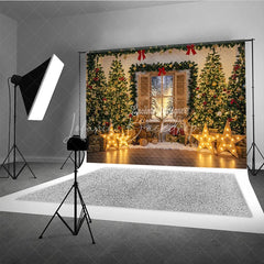 Lofaris Cozy Christmas Window Photography Backdrop with Reindeer and Teddy Bear Lighted Stars Holiday Photo Background