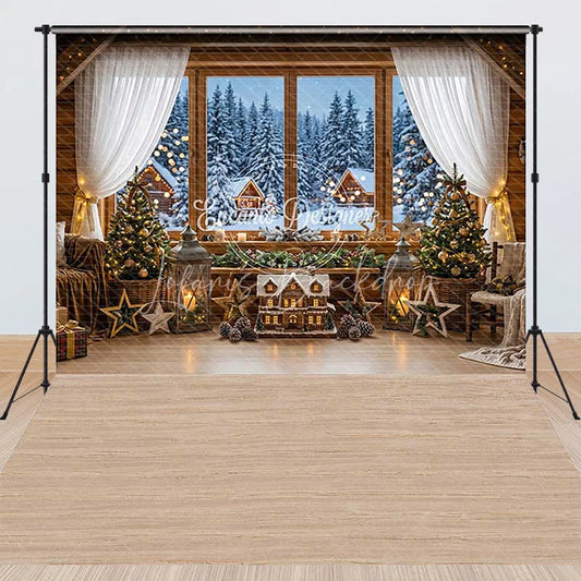Lofaris Cozy Christmas Winter Cabin Window View Combo Set Backdrop with Snowy Forest Holiday Party Photography Decor