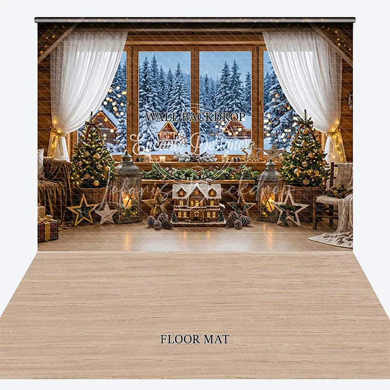 Lofaris Cozy Christmas Winter Cabin Window View Combo Set Backdrop with Snowy Forest Holiday Party Photography Decor