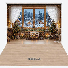 Lofaris Cozy Christmas Winter Cabin Window View Combo Set Backdrop with Snowy Forest Holiday Party Photography Decor