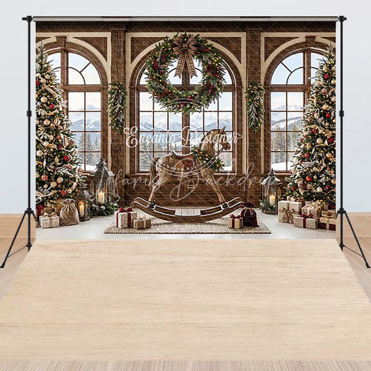 Lofaris Cozy Christmas Winter Wonderland Combo Set Backdrop Snowy Mountain Window Rocking Horse and Decorated Trees Decor