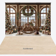 Lofaris Cozy Christmas Winter Wonderland Combo Set Backdrop Snowy Mountain Window Rocking Horse and Decorated Trees Decor