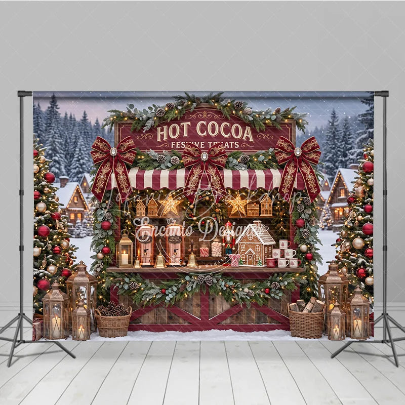 Lofaris Cozy Hot Cocoa Stand and Gingerbread House Holiday Backdrop Festive Winter Village Christmas Party Decor