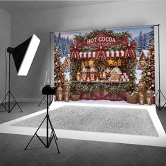 Lofaris Cozy Hot Cocoa Stand and Gingerbread House Holiday Backdrop Festive Winter Village Christmas Party Decor