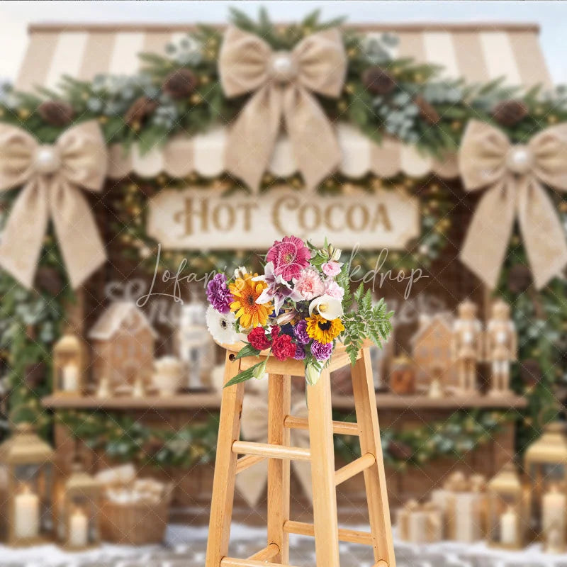 Lofaris Cozy Hot Cocoa Stand Christmas Holiday Backdrop with Snowy Trees Elegant Garlands and Gingerbread Decor