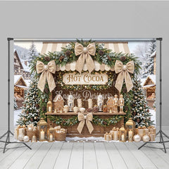 Lofaris Cozy Hot Cocoa Stand Christmas Holiday Backdrop with Snowy Trees Elegant Garlands and Gingerbread Decor