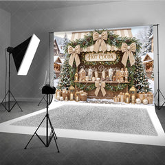 Lofaris Cozy Hot Cocoa Stand Christmas Holiday Backdrop with Snowy Trees Elegant Garlands and Gingerbread Decor