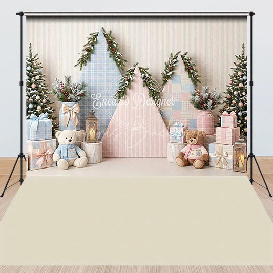 Lofaris Cozy Pastel Pink and Blue Christmas Tree with Teddy Bears Gifts Combo Set Backdrop Holiday Photography