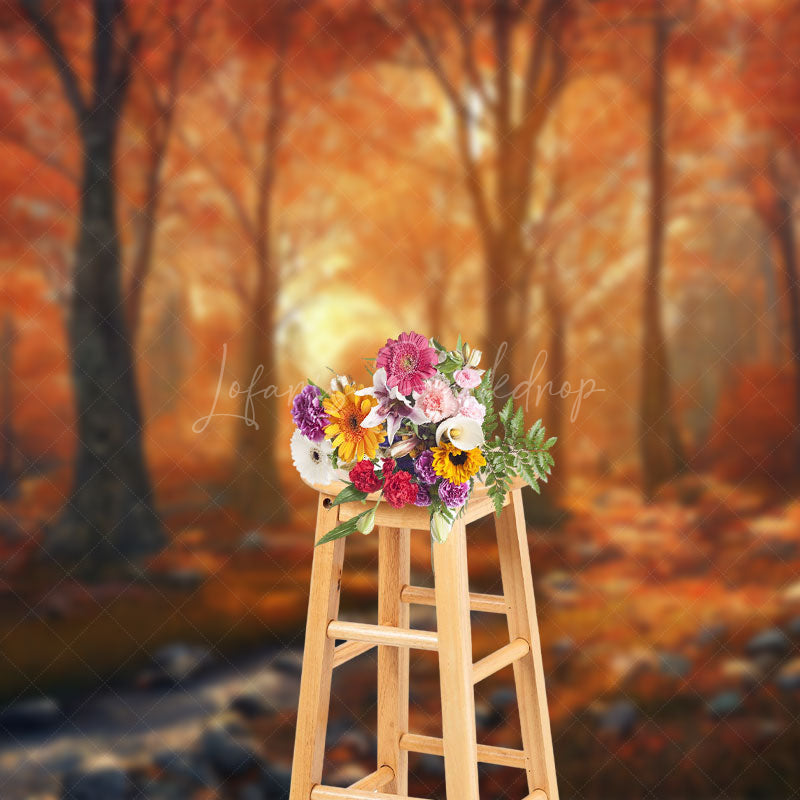 Lofaris Cozy Red Maple Forest Stream Stones Autumn Backdrop