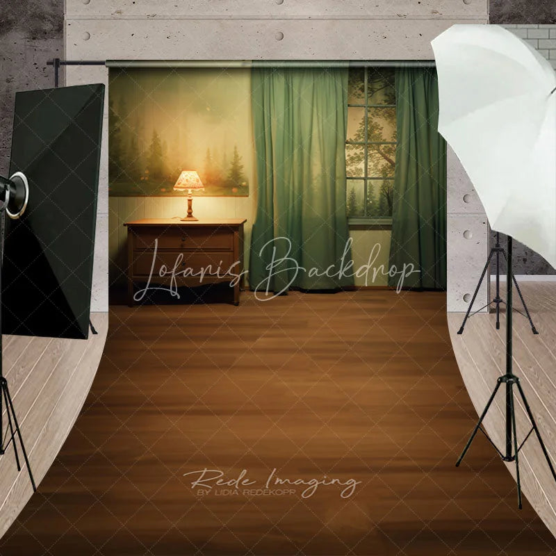 Lofaris Cozy Room Interior with Forest Window View and Wooden Floor Sweep Backdrop Rustic Photography Prop