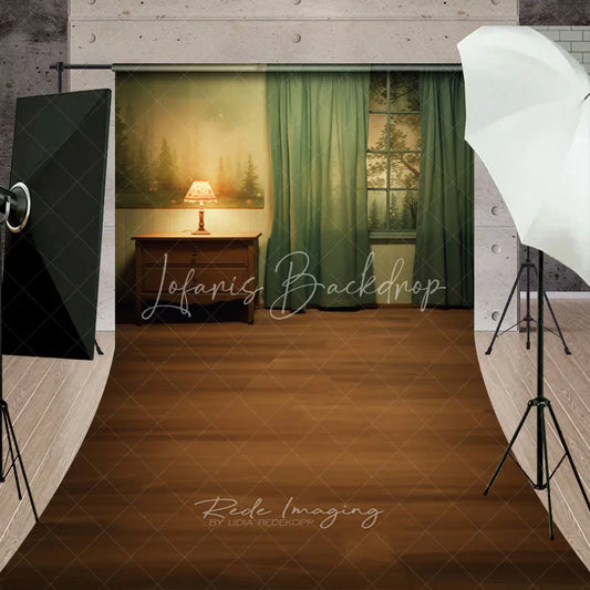Lofaris Cozy Room Interior with Forest Window View and Wooden Floor Sweep Backdrop Rustic Photography Prop