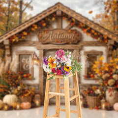 Lofaris Cozy Rustic Autumn Cabin Photography Backdrop with Fall Forest Pumpkins and Harvest Decor for Seasonal Photoshoot