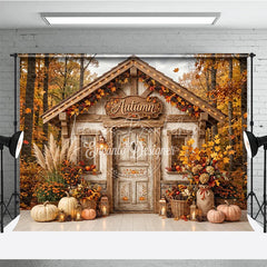 Lofaris Cozy Rustic Autumn Cabin Photography Backdrop with Fall Forest Pumpkins and Harvest Decor for Seasonal Photoshoot
