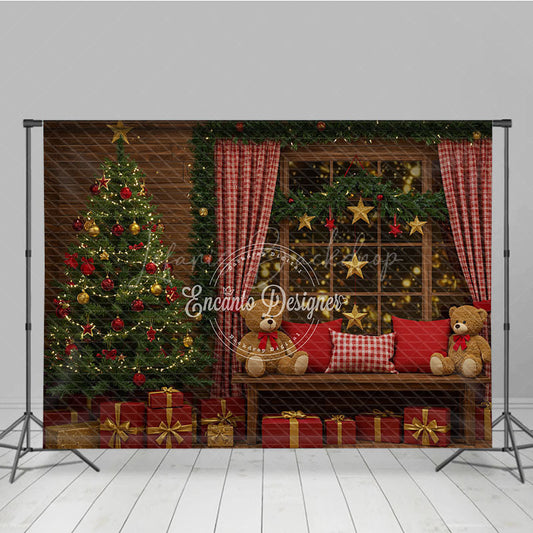 Lofaris Cozy Rustic Christmas Photography Backdrop Wood Wall with Teddy Bears and Tree Holiday Mini Session Background