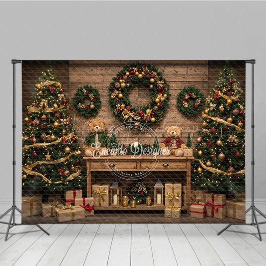 Lofaris Cozy Rustic Christmas Photography Backdrop Wood Wall with Teddy Bears and Trees Farmhouse Holiday Background
