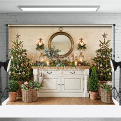 Lofaris Cozy Rustic Christmas Trees and White Cabinet Holiday Backdrop Elegant Gold Mirror Lanterns Decor