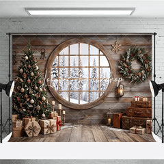 Lofaris Cozy Rustic Wooden Cabin Christmas Tree Holiday Backdrop Snowy Window Winter Gifts and Wreath Decor