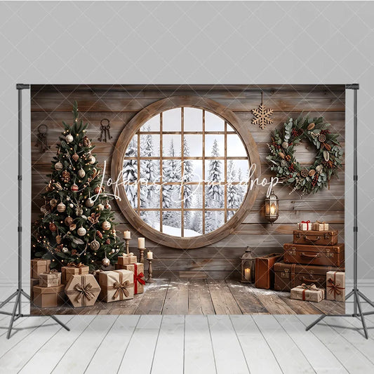 Lofaris Cozy Rustic Wooden Cabin Christmas Tree Holiday Backdrop Snowy Window Winter Gifts and Wreath Decor