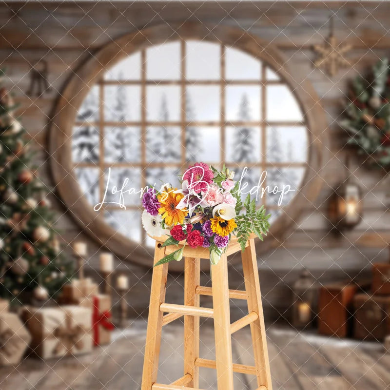 Lofaris Cozy Rustic Wooden Cabin Christmas Tree Holiday Backdrop Snowy Window Winter Gifts and Wreath Decor