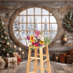 Lofaris Cozy Rustic Wooden Cabin Christmas Tree Holiday Backdrop Snowy Window Winter Gifts and Wreath Decor