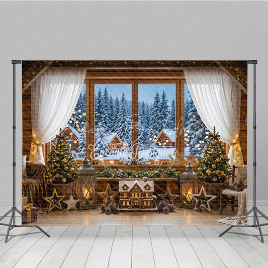Lofaris Cozy Rustic Wooden Cabin Window Holiday Backdrop with Snowy Forest Christmas Trees and Festive Lights