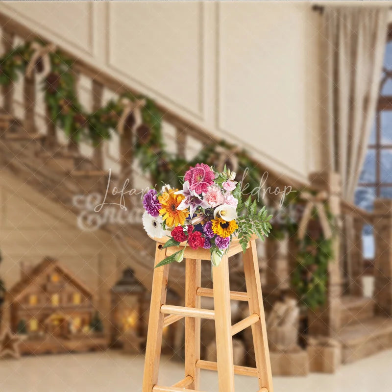Lofaris Cozy Rustic Wooden Staircase Christmas Garland Holiday Backdrop Snowy Window Winter Festive Decor