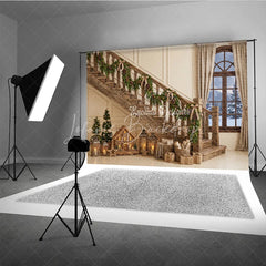 Lofaris Cozy Rustic Wooden Staircase Christmas Garland Holiday Backdrop Snowy Window Winter Festive Decor