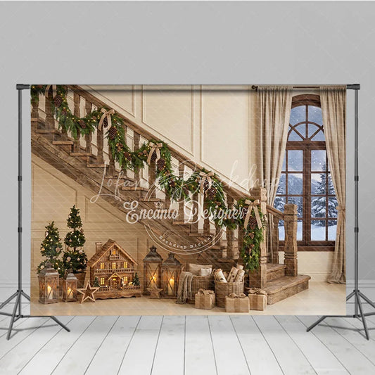Lofaris Cozy Rustic Wooden Staircase Christmas Garland Holiday Backdrop Snowy Window Winter Festive Decor