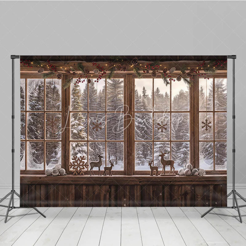 Lofaris Cozy Rustic Wooden Window Photography Backdrop with Snowy Forest View Pinecones Berries and Reindeer Decor
