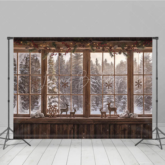 Lofaris Cozy Rustic Wooden Window Photography Backdrop with Snowy Forest View Pinecones Berries and Reindeer Decor