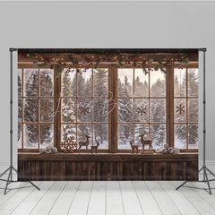Lofaris Cozy Rustic Wooden Window Photography Backdrop with Snowy Forest View Pinecones Berries and Reindeer Decor