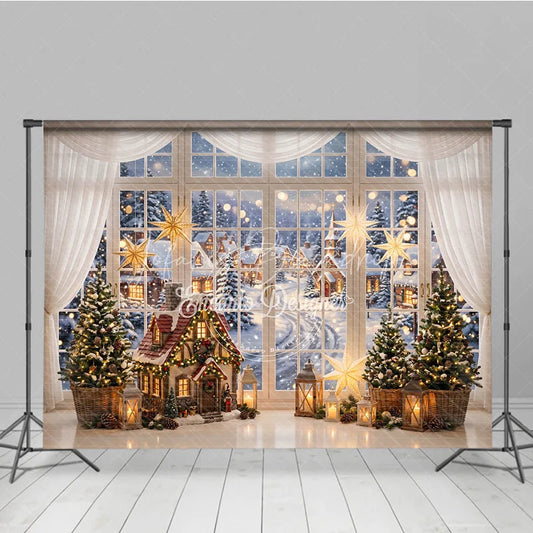 Lofaris Cozy Snowy Village Holiday Backdrop with Christmas Trees Gingerbread House and Golden Stars