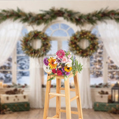 Lofaris Cozy Snowy Window Holiday Backdrop Christmas Trees Festive Garland and Illuminated Wreaths Winter Scene Decor