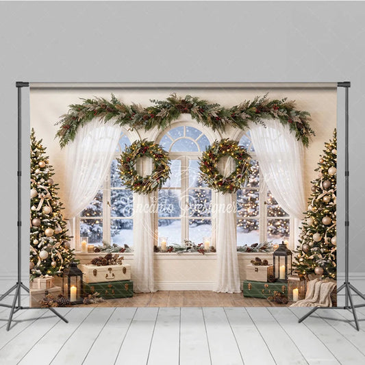 Lofaris Cozy Snowy Window Holiday Backdrop Christmas Trees Festive Garland and Illuminated Wreaths Winter Scene Decor