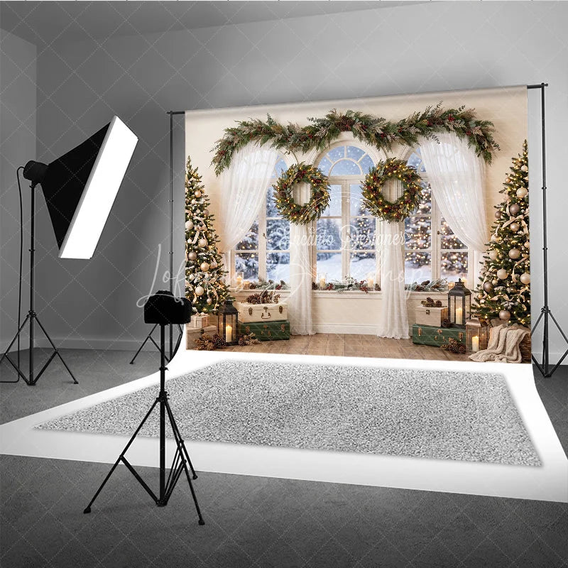 Lofaris Cozy Snowy Window Holiday Backdrop Christmas Trees Festive Garland and Illuminated Wreaths Winter Scene Decor