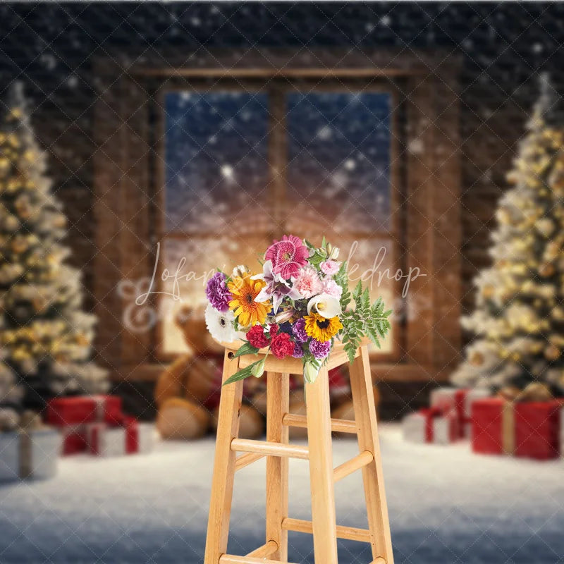 Lofaris Cozy Teddy Bear Family Christmas Photography Backdrop Snowy Window Scene Holiday Mini Session Background