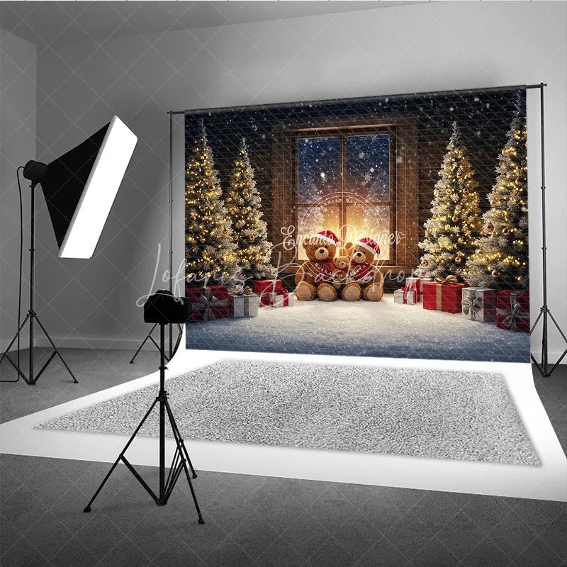 Lofaris Cozy Teddy Bear Family Christmas Photography Backdrop Snowy Window Scene Holiday Mini Session Background